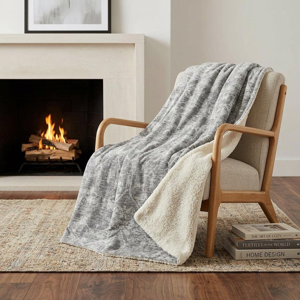 50" X 70" Gray And Ivory Damask Polyester Woven Plush Throw Blanket HomeRoots