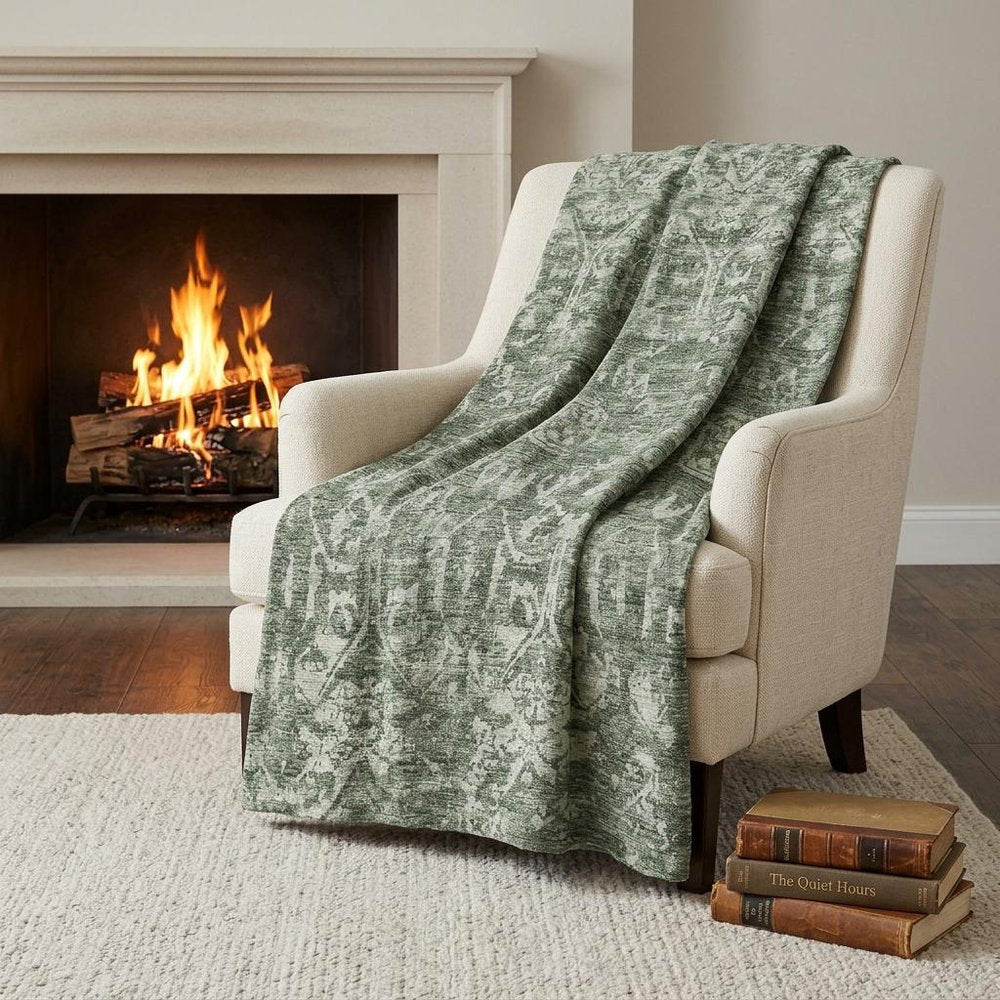 50" X 70" Green And Gray Damask Polyester Woven Plush Throw Blanket HomeRoots