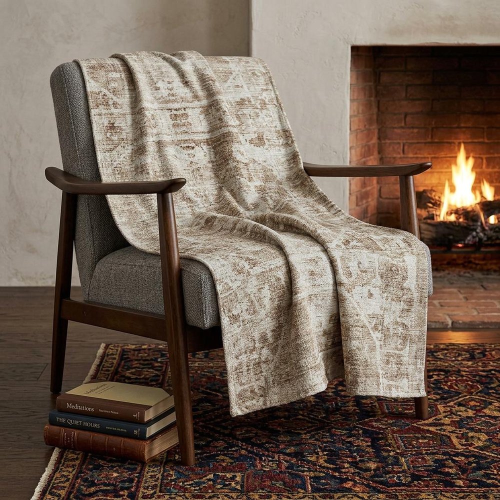 50" X 70" Beige And Ivory Damask Polyester Woven Plush Throw Blanket HomeRoots