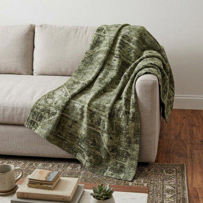 50" X 70" Olive Green And Beige Damask Polyester Woven Plush Throw Blanket HomeRoots
