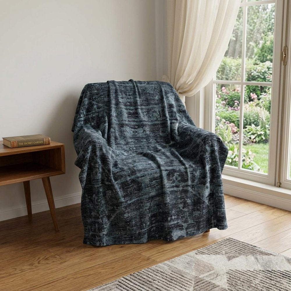 50" X 70" Navy Blue And Gray Damask Polyester Woven Plush Throw Blanket HomeRoots