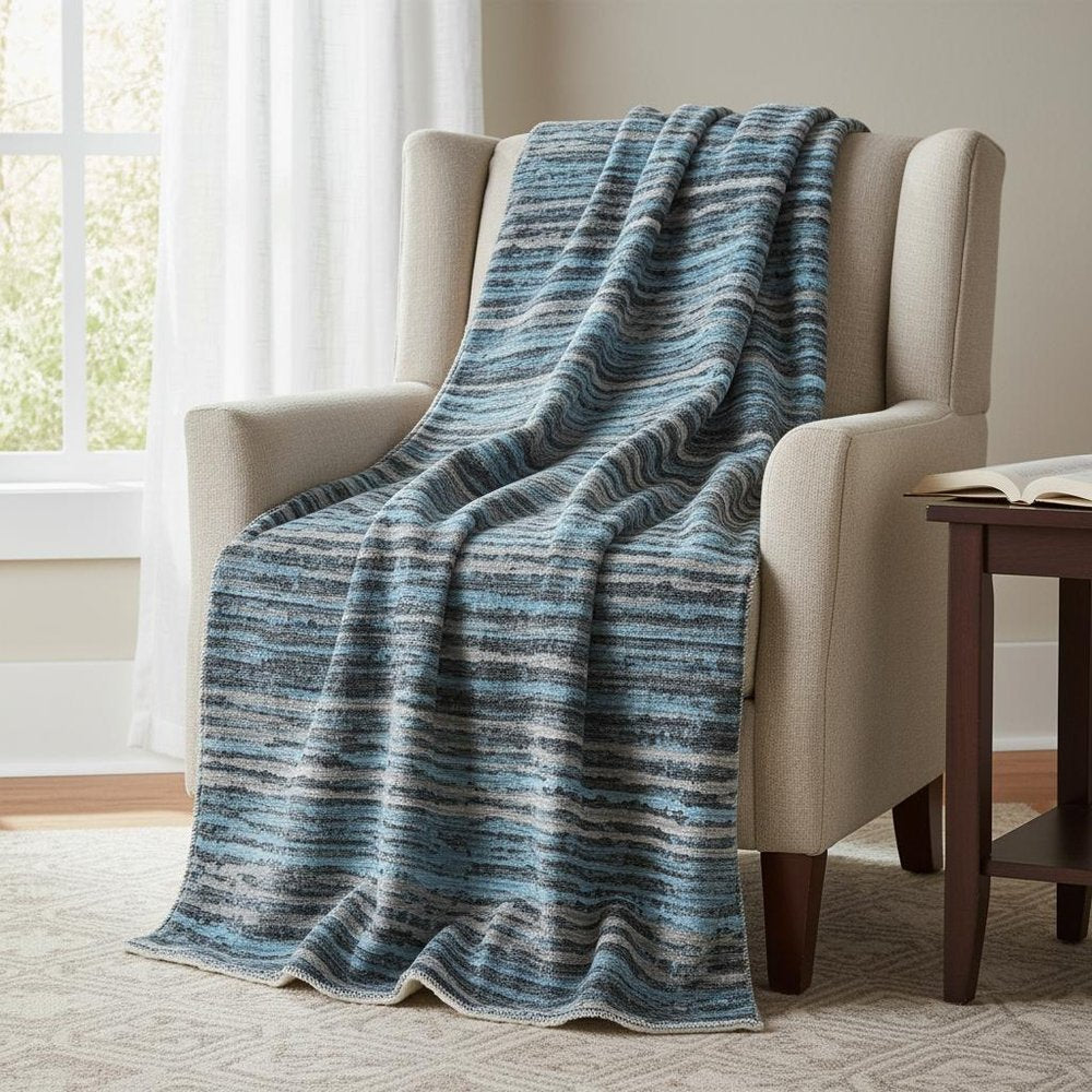 50" X 70" Blue And Charcoal Striped Microfiber Plush Throw Blanket HomeRoots