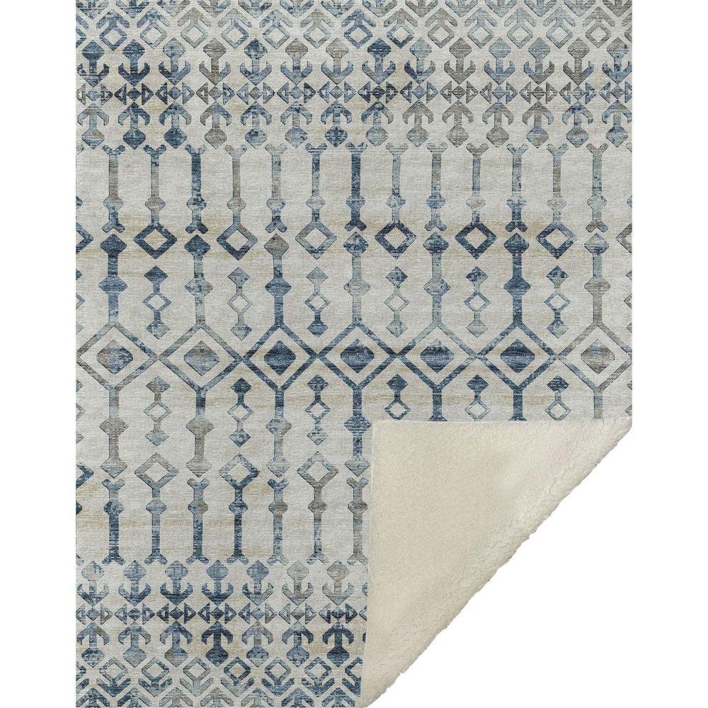 50" X 70" Ivory And Teal Geometric Microfiber Plush Throw Blanket HomeRoots