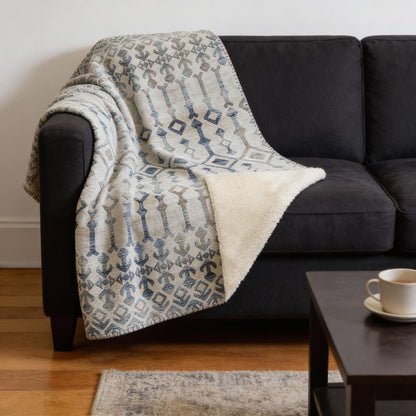 50" X 70" Ivory And Teal Geometric Microfiber Plush Throw Blanket HomeRoots