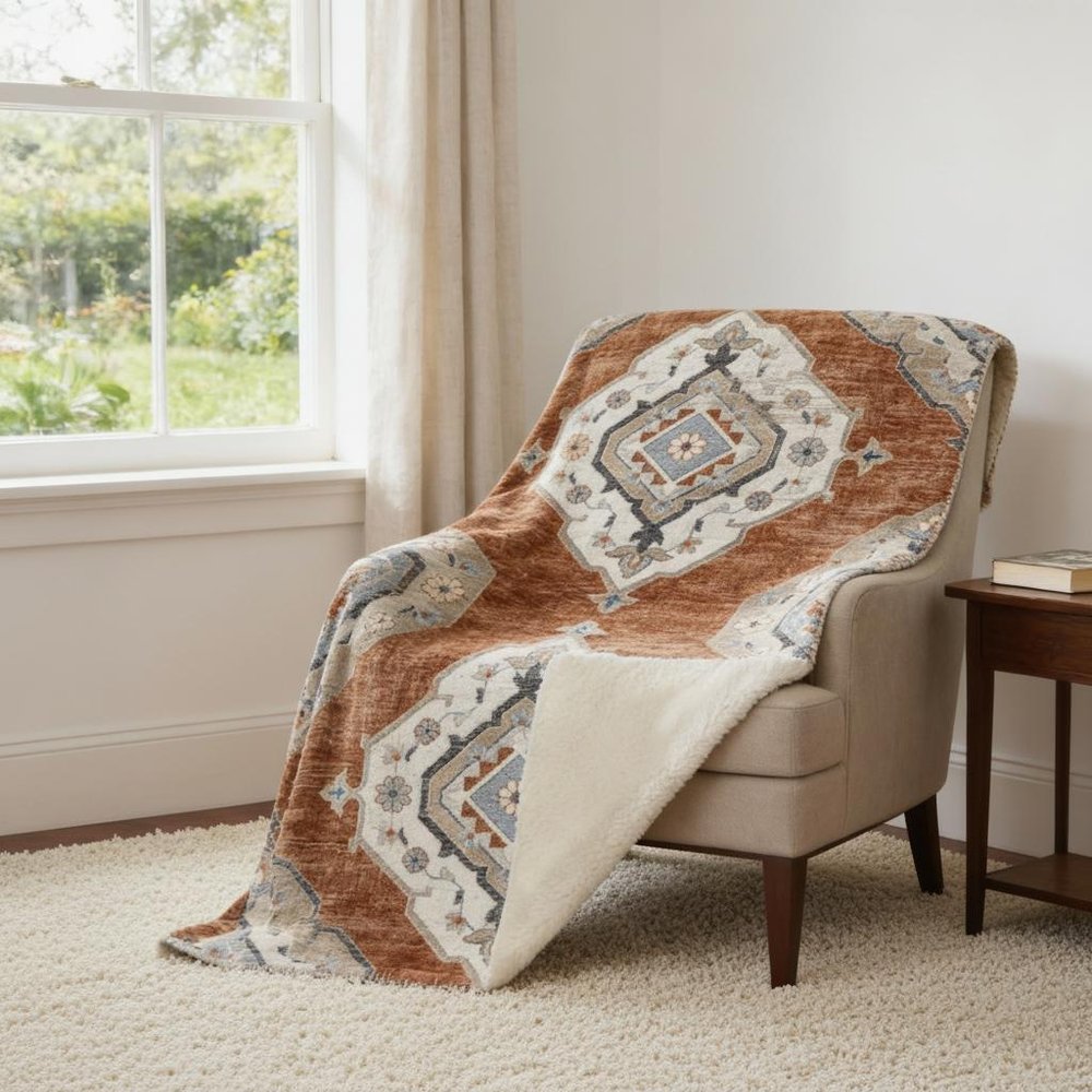 50" X 70" Rust Ivory And Blue Floral Microfiber Plush Throw Blanket HomeRoots