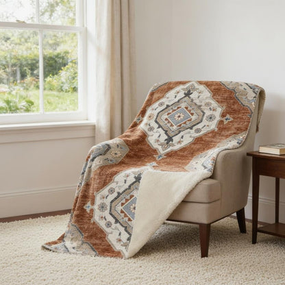 50" X 70" Rust Ivory And Blue Floral Microfiber Plush Throw Blanket HomeRoots