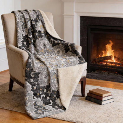 50" X 70" Charcoal Gold And Gray Floral Microfiber Plush Throw Blanket HomeRoots