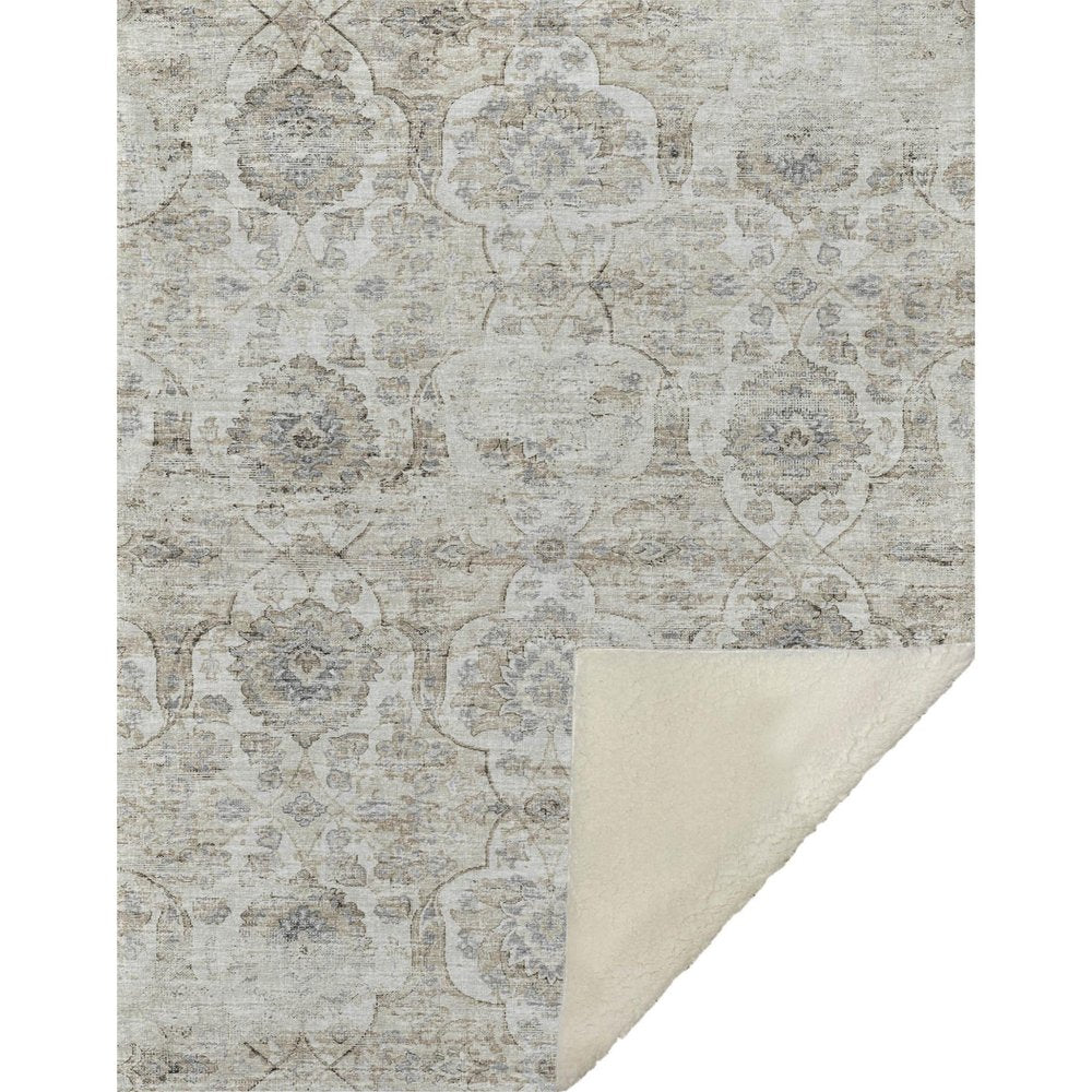 50" X 70" Linen Coffee And Ivory Damask Microfiber Plush Throw Blanket HomeRoots