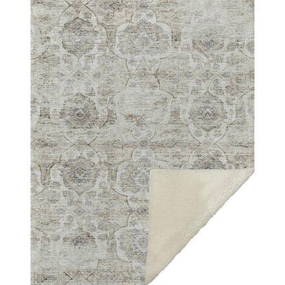 50" X 70" Linen Coffee And Ivory Damask Microfiber Plush Throw Blanket HomeRoots