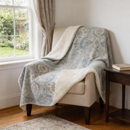 50" X 70" Ivory Coffee And Teal Damask Microfiber Plush Throw Blanket HomeRoots