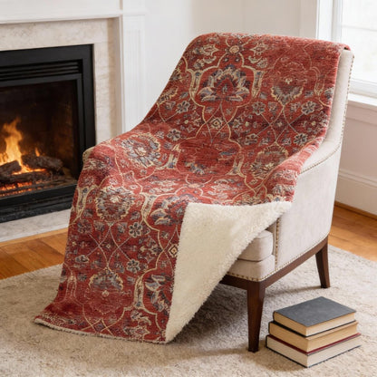 50" X 70" Red Pewter And Beige Damask Microfiber Plush Throw Blanket HomeRoots