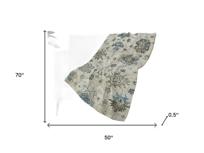 50" X 70" Blue Charcoal And Ivory Floral Polyester Woven Plush Throw Blanket HomeRoots