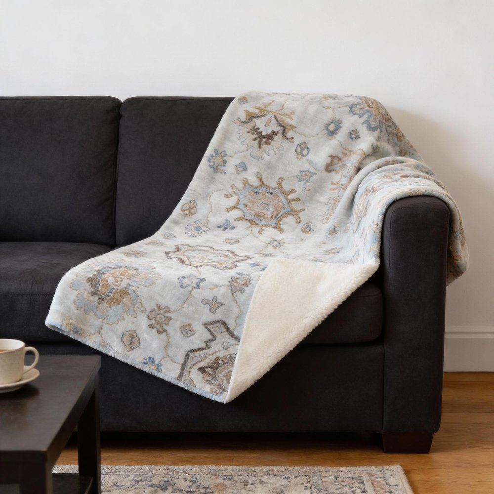 50" X 70" Linen Coffee And Teal Floral Microfiber Plush Throw Blanket HomeRoots
