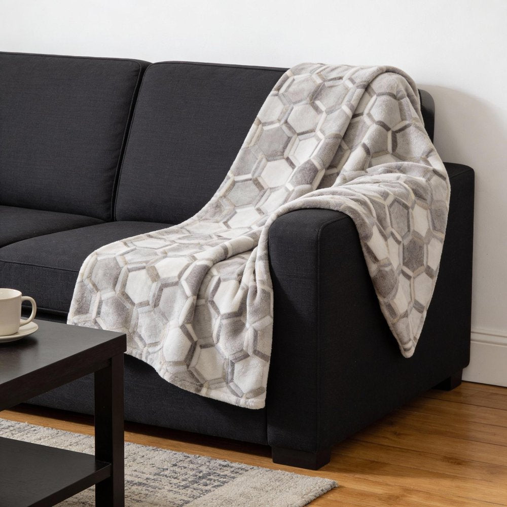 50" X 70" Gray And Ivory Geometric Microfiber Plush Throw Blanket HomeRoots