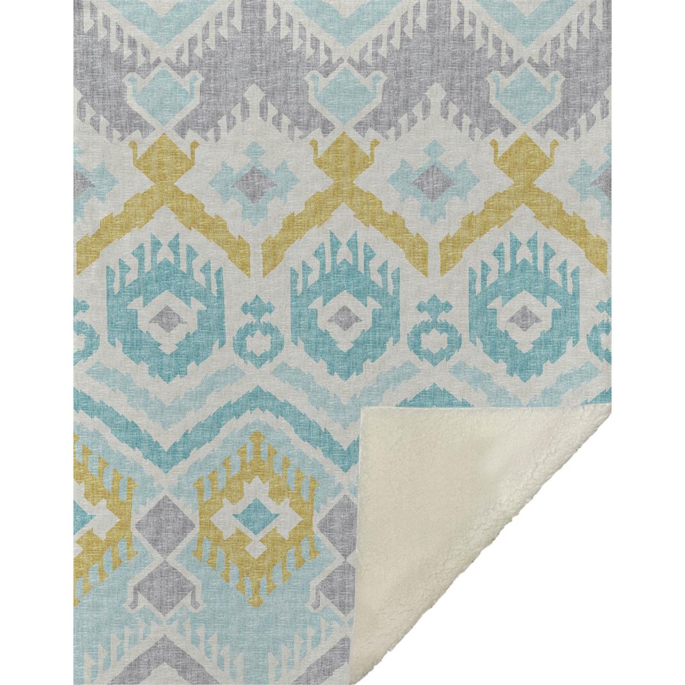 50" X 70" Aqua Gold And Ivory Microfiber Ikat Plush Throw Blanket HomeRoots