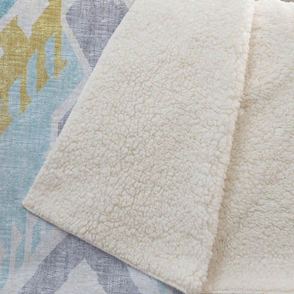 50" X 70" Aqua Gold And Ivory Microfiber Ikat Plush Throw Blanket HomeRoots