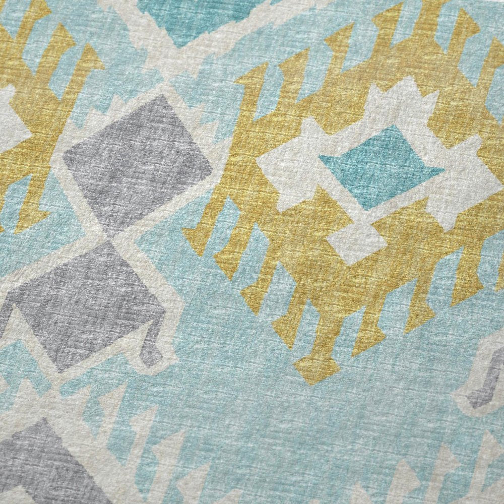 50" X 70" Aqua Gold And Ivory Microfiber Ikat Plush Throw Blanket HomeRoots