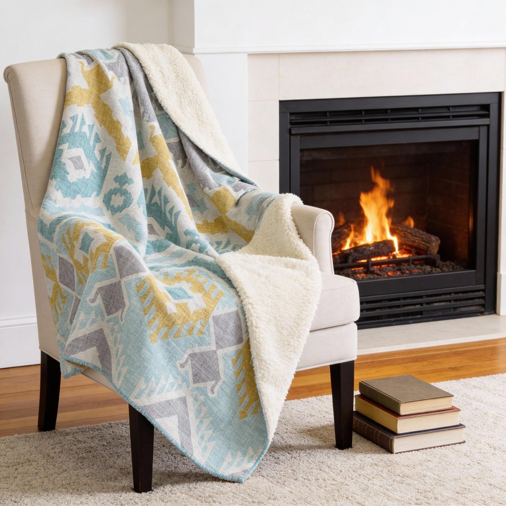 50" X 70" Aqua Gold And Ivory Microfiber Ikat Plush Throw Blanket HomeRoots