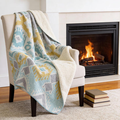 50" X 70" Aqua Gold And Ivory Microfiber Ikat Plush Throw Blanket HomeRoots
