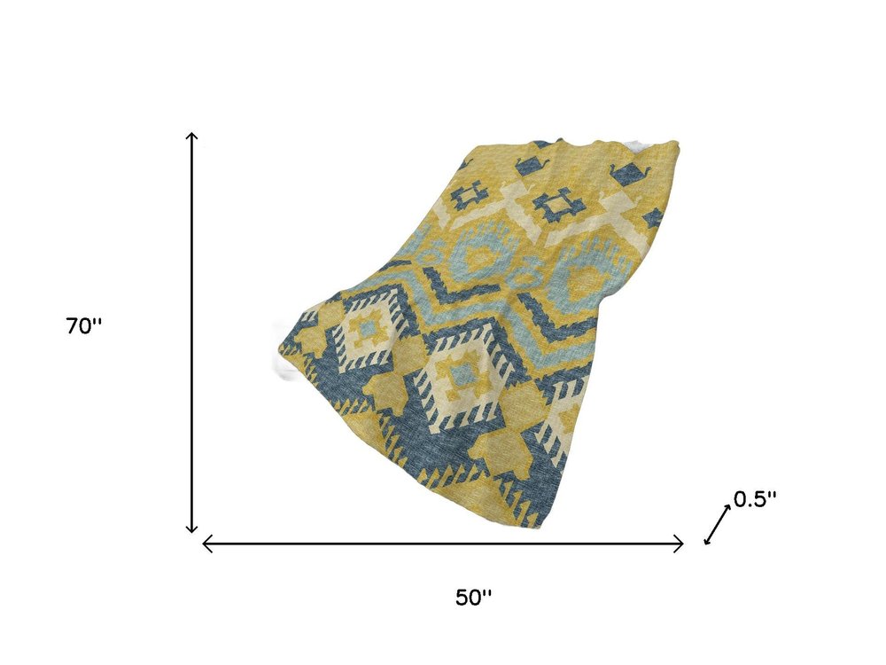 50" X 70" Yellow And Blue Ikat Plush Throw Blanket HomeRoots