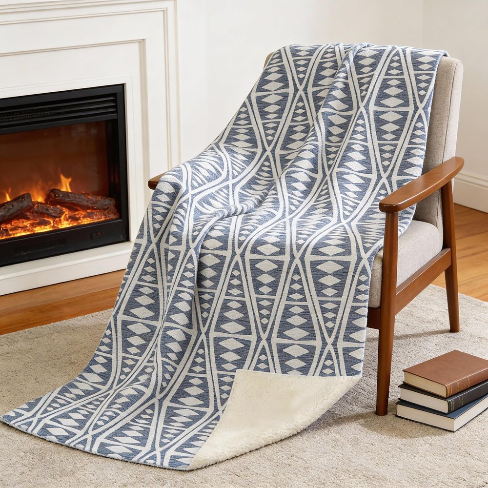 50" X 70" Blue And Ivory Microfiber Geometric Plush Throw Blanket HomeRoots
