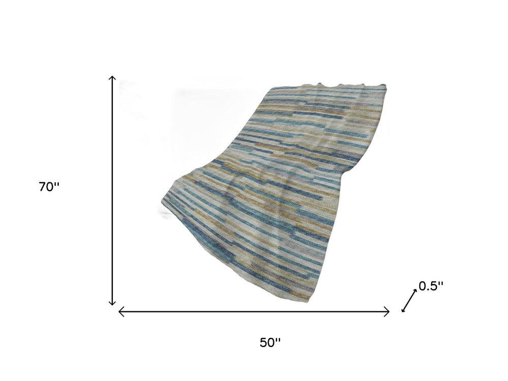 50" X 70" Blue Gold And Beige Abstract Polyester Woven Plush Throw Blanket HomeRoots