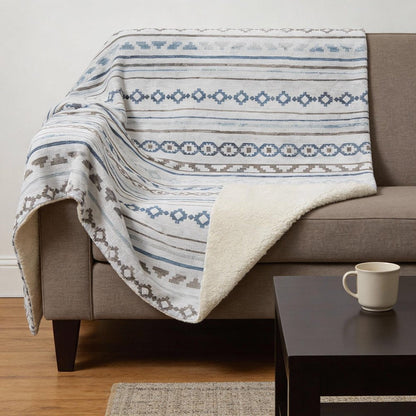 50" X 70" Gray Blue And Ivory Microfiber Geometric Plush Throw Blanket HomeRoots