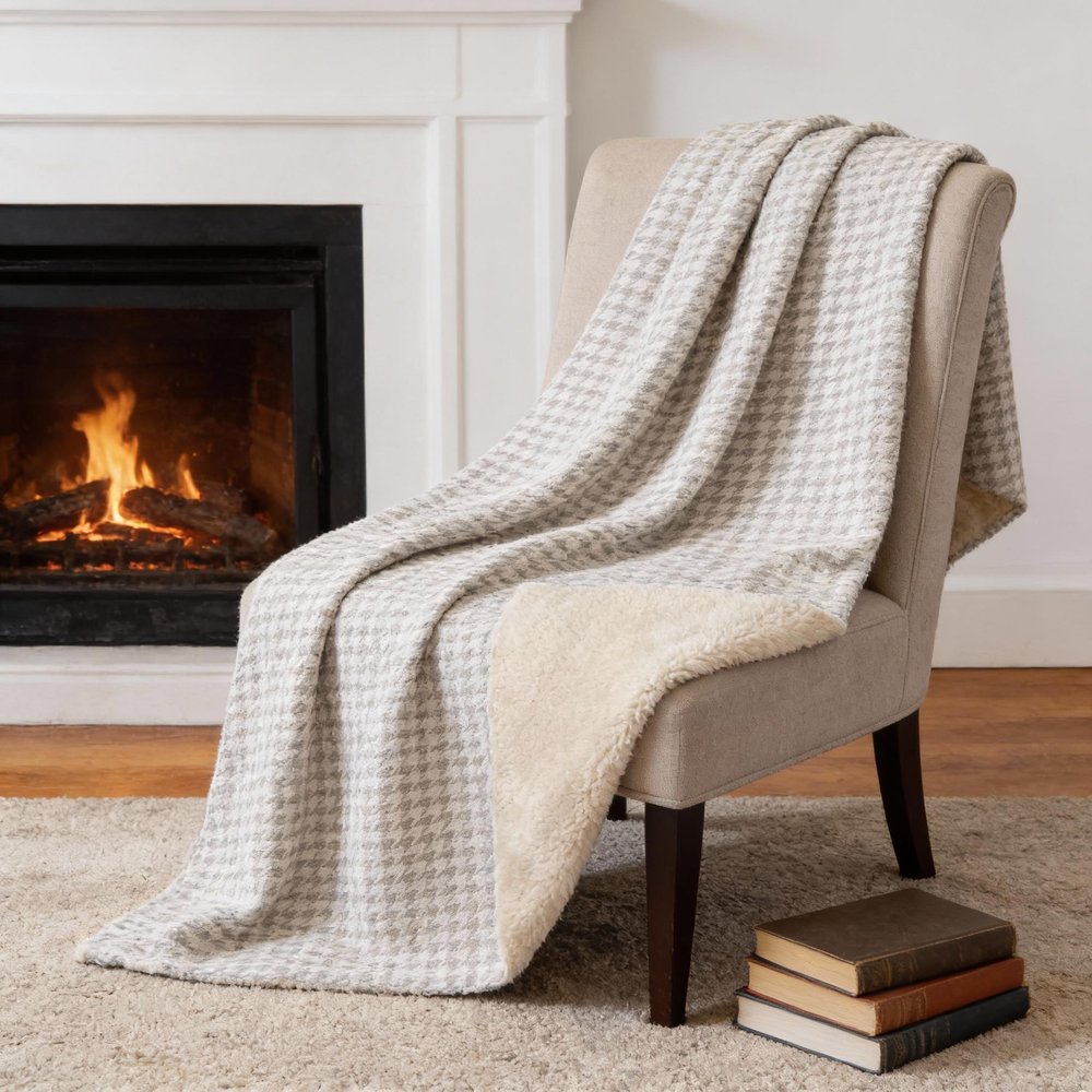 50" X 70" Linen And Ivory Microfiber Houndstooth Plush Throw Blanket HomeRoots