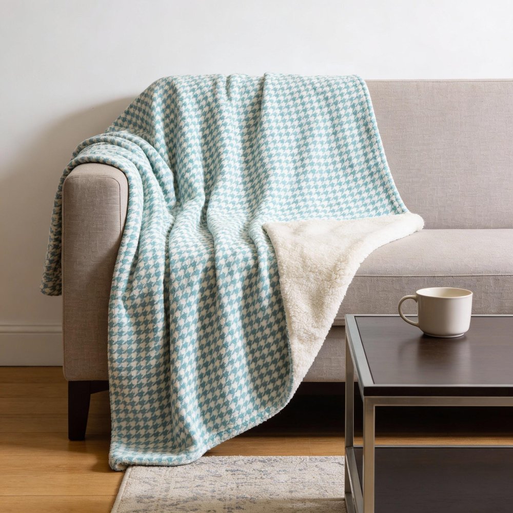 50" X 70" Aqua And White Microfiber Houndstooth Plush Throw Blanket HomeRoots