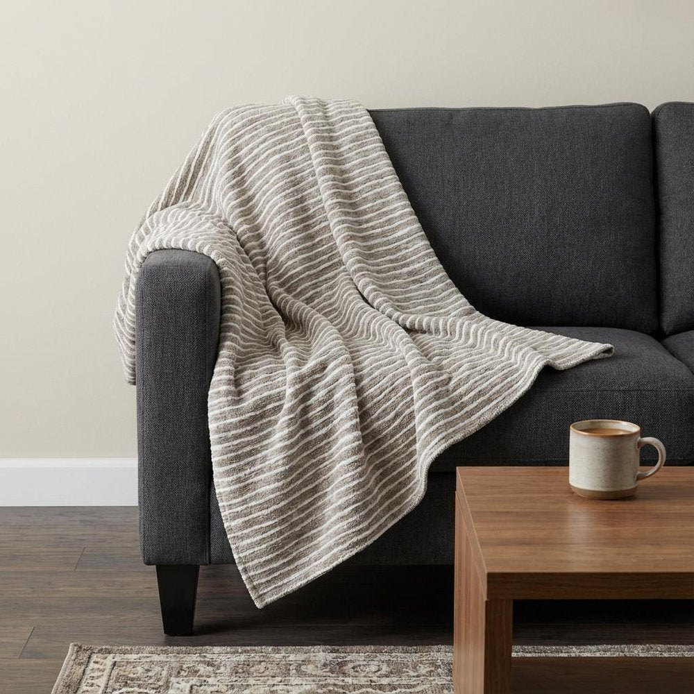 50" X 70" Taupe And Ivory Microfiber Striped Plush Throw Blanket HomeRoots