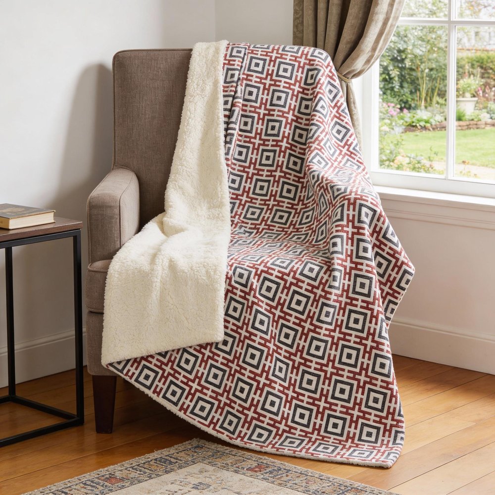 50" X 70" Red Ivory And Black Microfiber Geometric Plush Throw Blanket HomeRoots