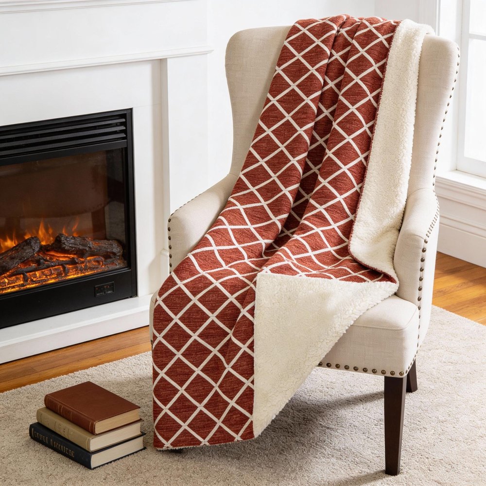 50" X 70" Red And Ivory Microfiber Geometric Plush Throw Blanket HomeRoots