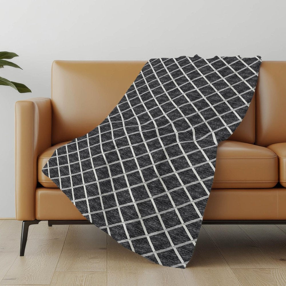 50" X 70" Black And Ivory Microfiber Geometric Plush Throw Blanket HomeRoots