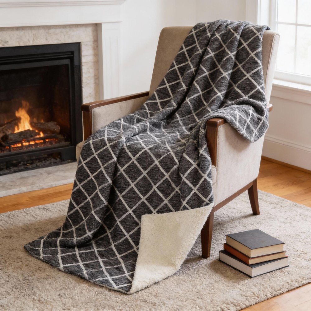50" X 70" Black And Ivory Microfiber Geometric Plush Throw Blanket HomeRoots