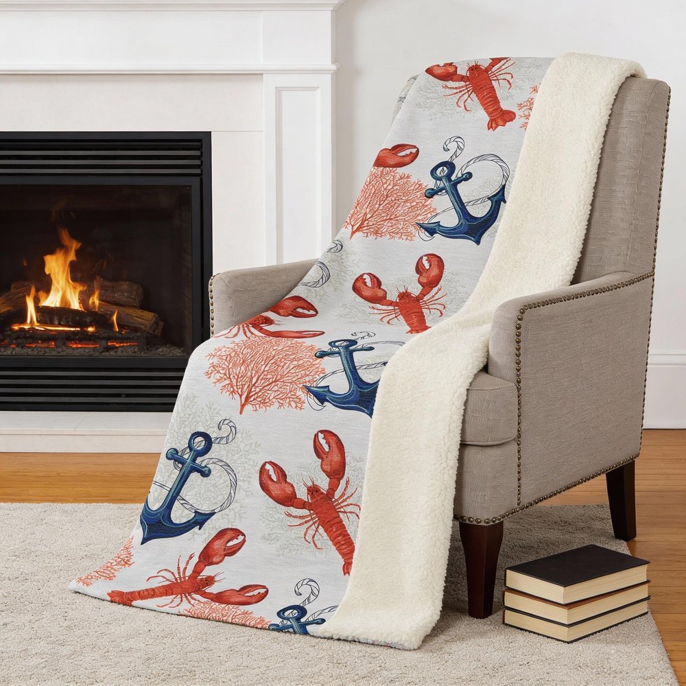 50" X 70" Ivory Red and Blue Microfiber Coastal Nautical Plush Throw Blanket HomeRoots