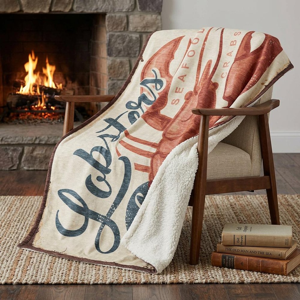 50" X 70" Beige Blue And Red Lobster Plush Throw Blanket HomeRoots