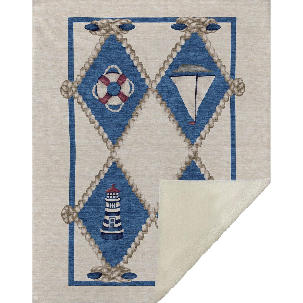 50" X 70" Ivory And Blue Geometric Polyester Woven Plush Throw Blanket HomeRoots