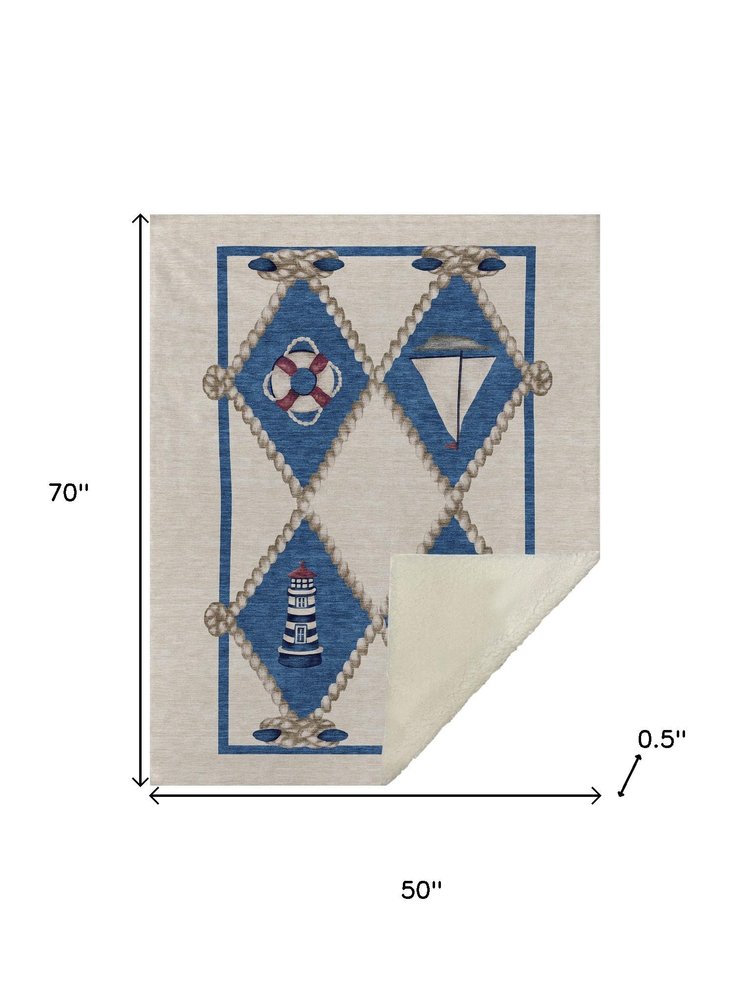 50" X 70" Ivory And Blue Geometric Polyester Woven Plush Throw Blanket HomeRoots