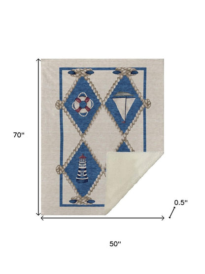 50" X 70" Ivory And Blue Geometric Polyester Woven Plush Throw Blanket HomeRoots