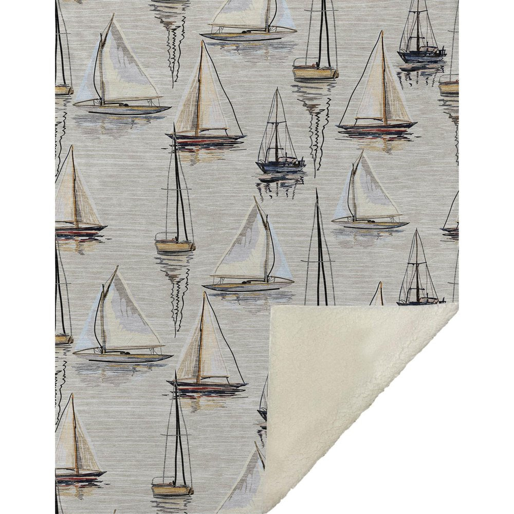 50" X 70" Beige Charcoal And Ivory Sailboat Microfiber Plush Throw Blanket HomeRoots