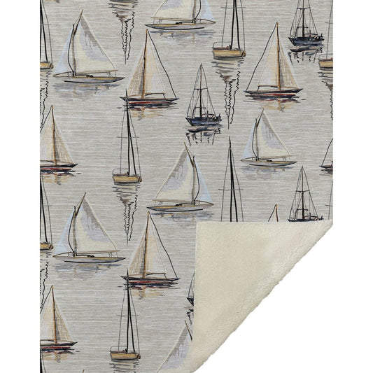 50" X 70" Beige Charcoal And Ivory Sailboat Microfiber Plush Throw Blanket HomeRoots