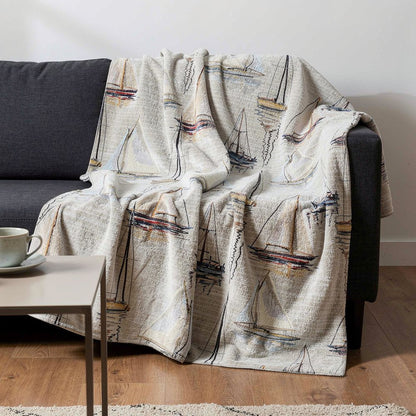 50" X 70" Beige Charcoal And Ivory Sailboat Microfiber Plush Throw Blanket HomeRoots