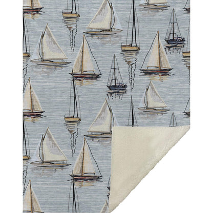 50" X 70" Beige Ivory And Sky Blue Sailboat Microfiber Plush Throw Blanket HomeRoots
