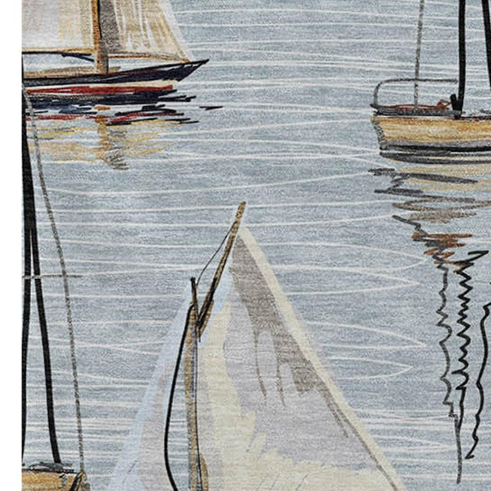 50" X 70" Beige Ivory And Sky Blue Sailboat Microfiber Plush Throw Blanket HomeRoots