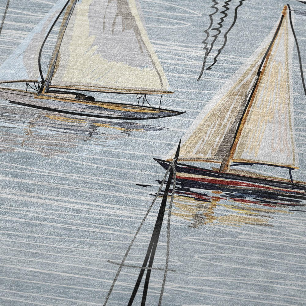 50" X 70" Beige Ivory And Sky Blue Sailboat Microfiber Plush Throw Blanket HomeRoots