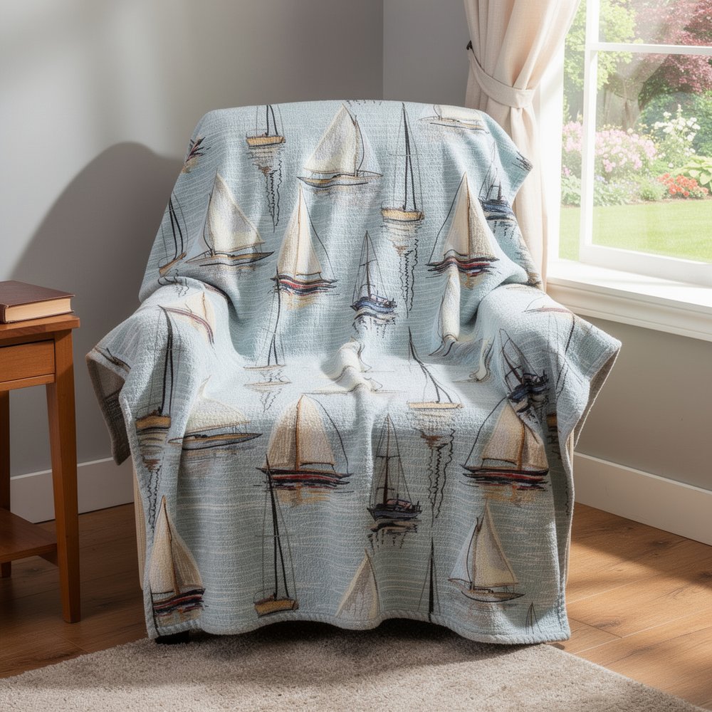 50" X 70" Beige Ivory And Sky Blue Sailboat Microfiber Plush Throw Blanket HomeRoots