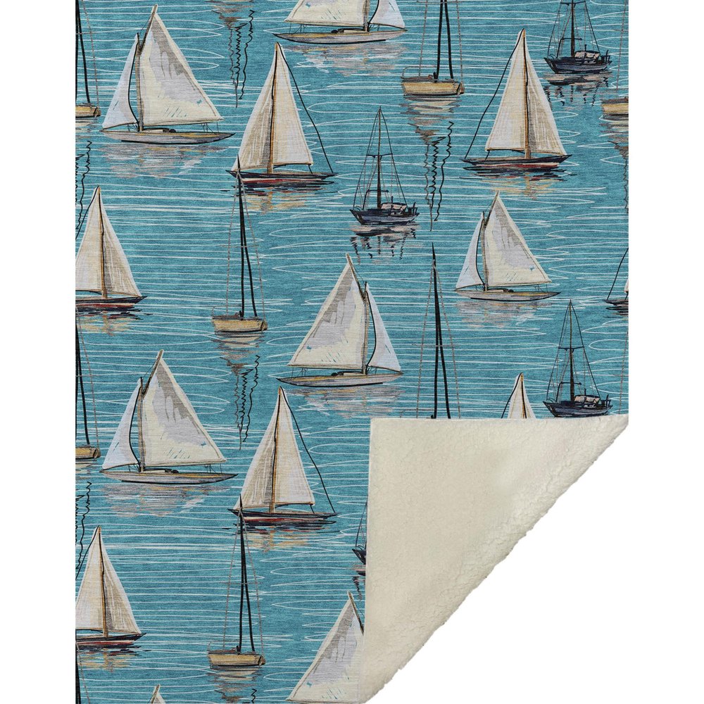50" X 70" Teal Ivory And Beige Geometric Polyester Woven Plush Throw Blanket HomeRoots