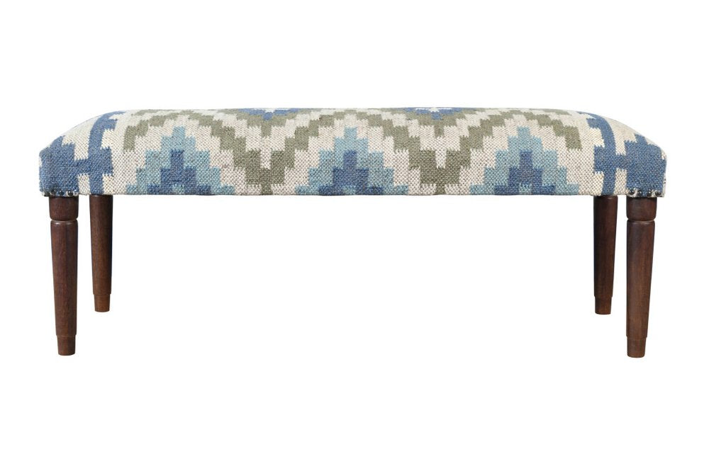 47" Blue Sage And Brown Geometric Jute Wool And Solid Wood Upholstered Bench — view 8