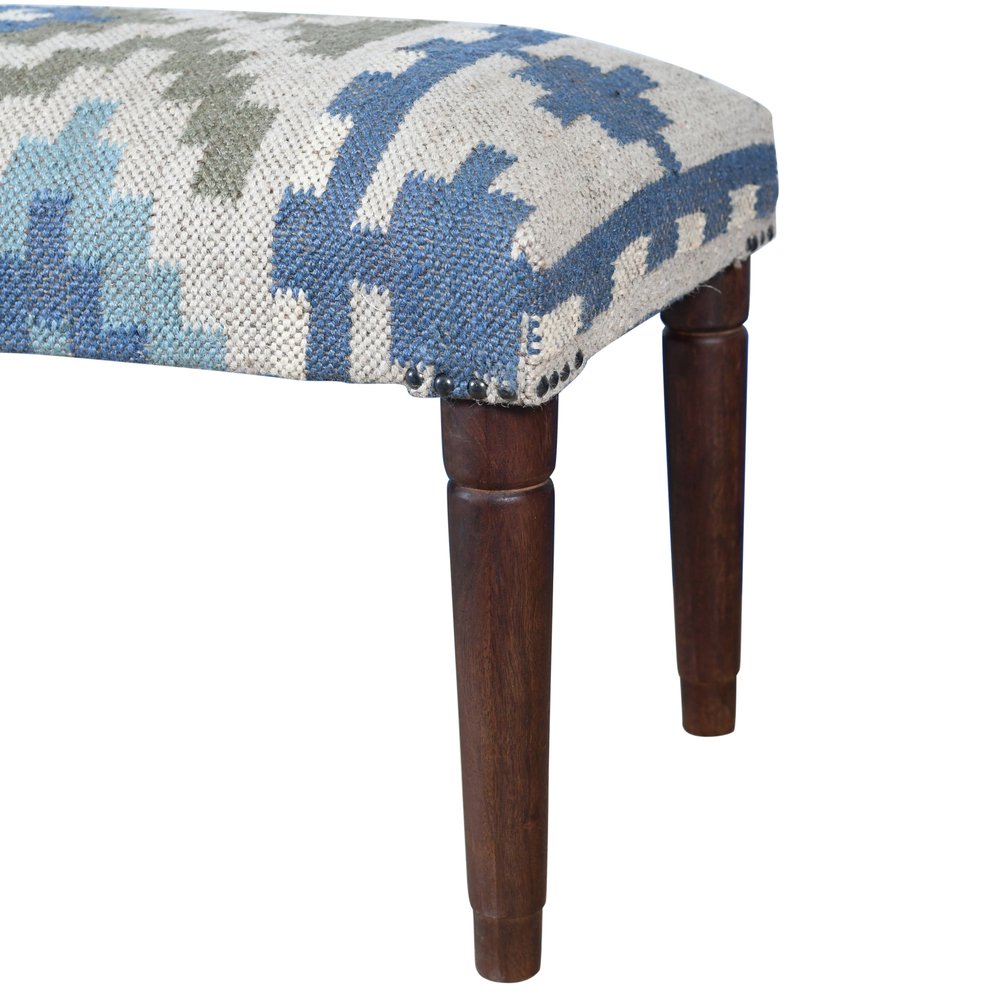 47" Blue Sage And Brown Geometric Jute Wool And Solid Wood Upholstered Bench — view 10