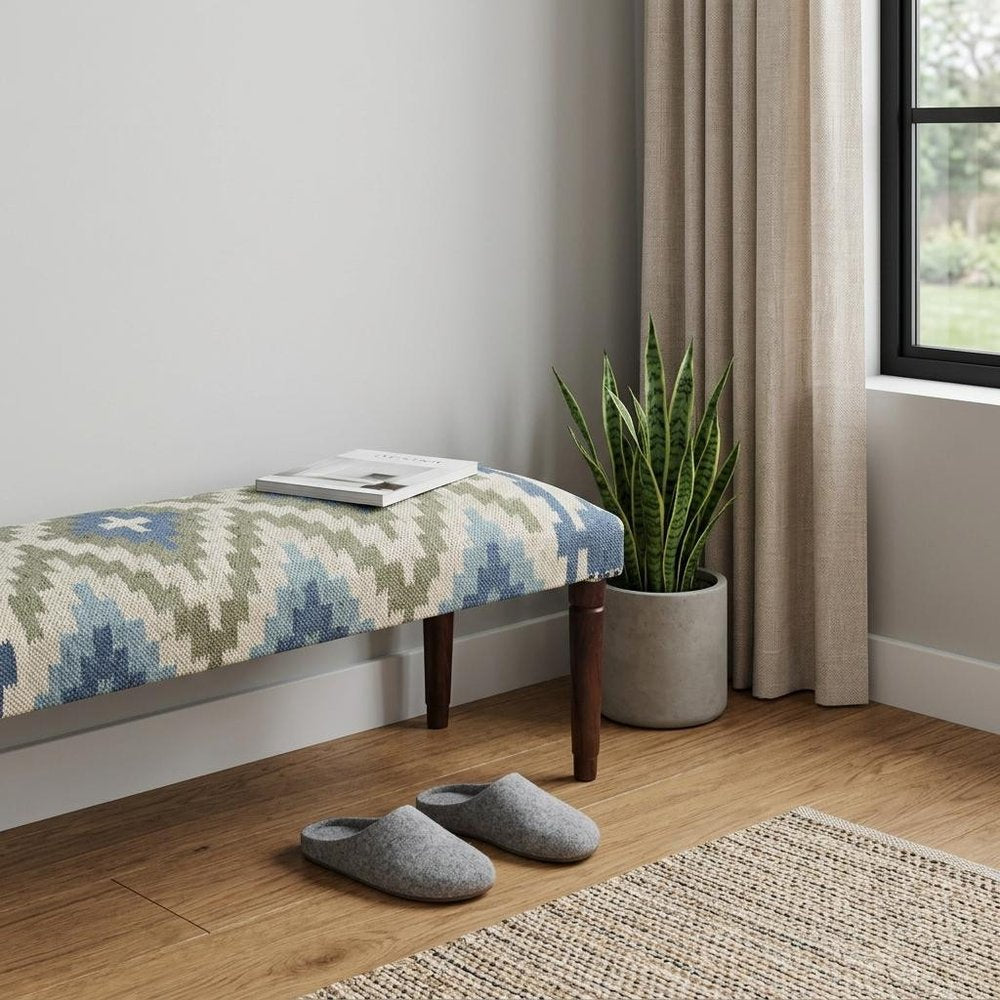 47" Blue Sage And Brown Geometric Jute Wool And Solid Wood Upholstered Bench — view 11